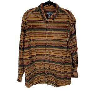 Men's Woolrich Brown Bark Blanket Stripe Heavyweight Button Up Flannel Shirt XL